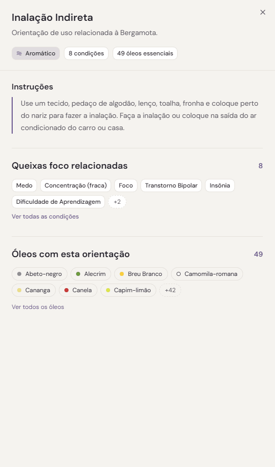 Tela do AromaCHAT GO com orientações de inalação indireta, condições relacionadas e óleos essenciais